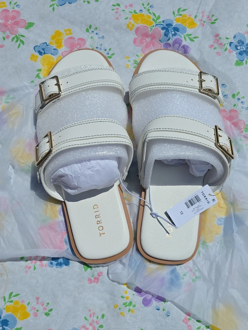 torrid White Dual-Buckle Slide Sandals with Gold Buckles